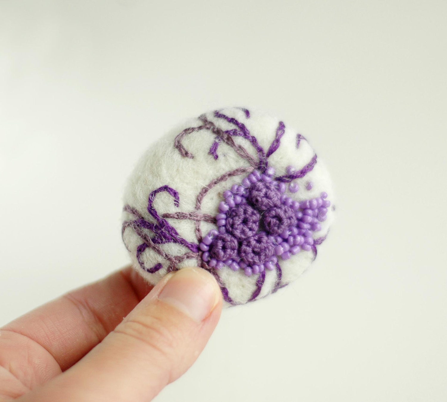 Felt brooch with crochet and embroidered elements - unique art brooch