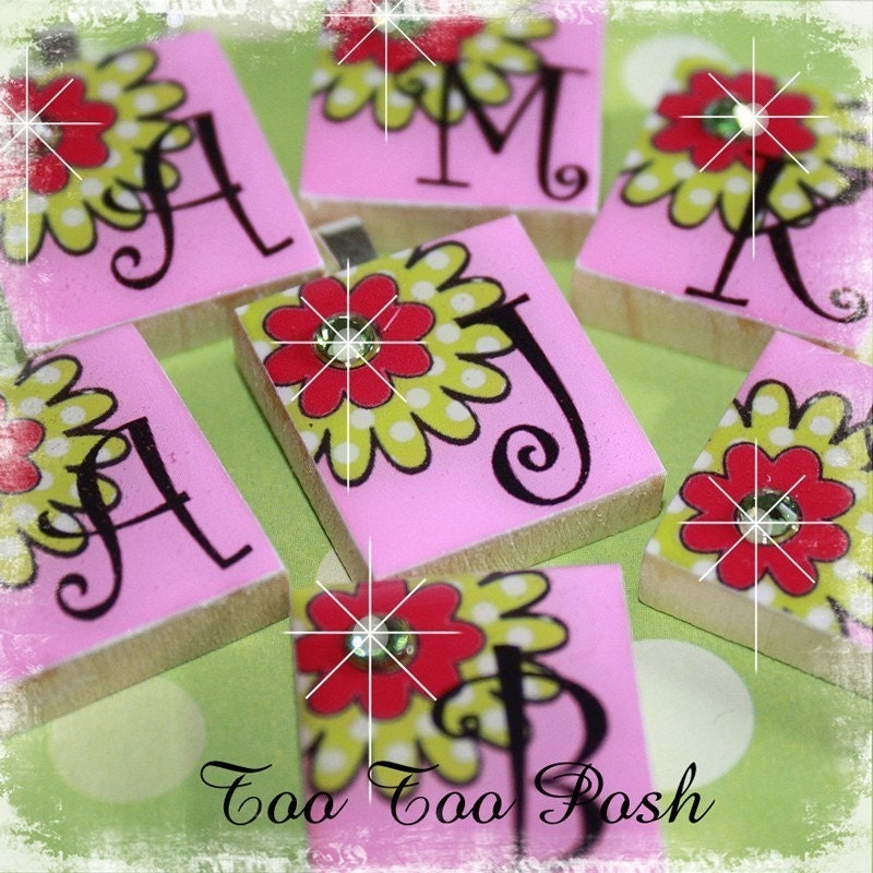 CUSTOM INITIAL Pink and Green Flower  Scrabble Tile Pendant Necklace