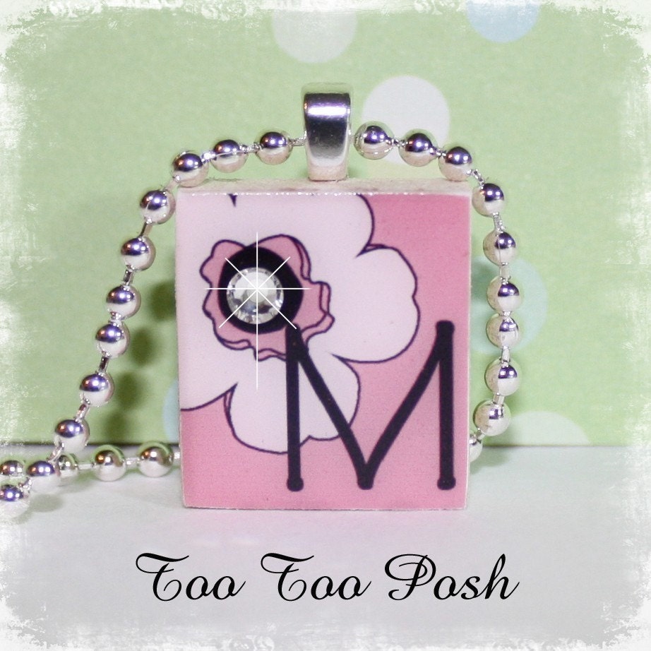 Pink Poppy Flower Initial Letter Scrabble Tile Pendant Necklace