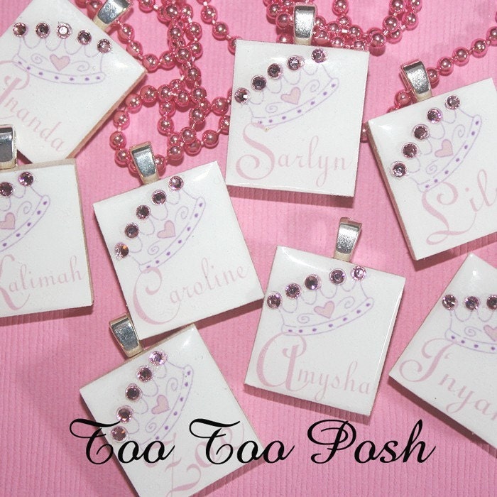 Set of 8 PERSONALIZED Princess Crown Scrabble Tile Pendant Necklace Party Favors