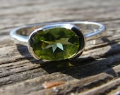 Absinthe.  Vivid Leaf Green Peridot And Silver Oval Solitaire Stackable Ring