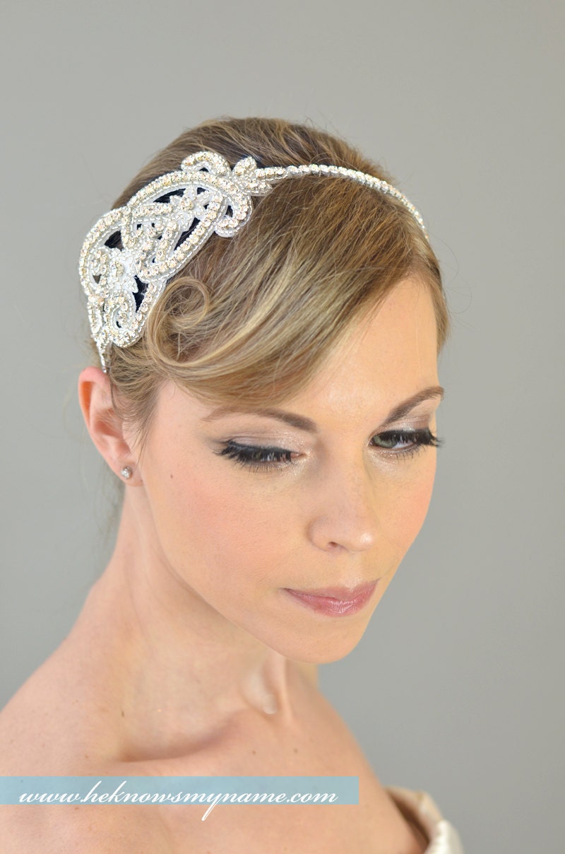 Wedding Bridal Headband, Art Nouveau - tiara, headpiece, rhinestone, crystal, white, silver