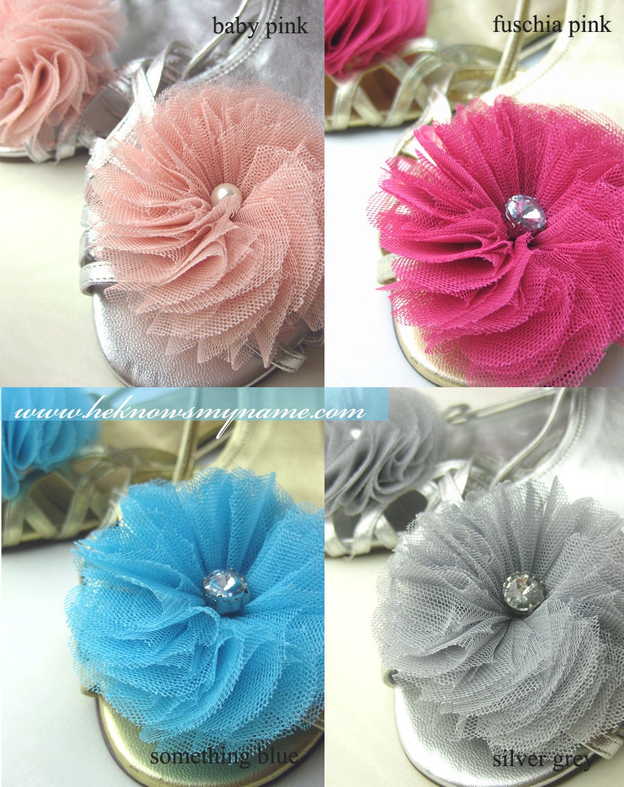 Tulle Flower Shoe Clips (Free U.S Shipping) - wedding, bridal, sweet sixteen, bridesmaids, pink, blush, peach, blue, silver, fuschia