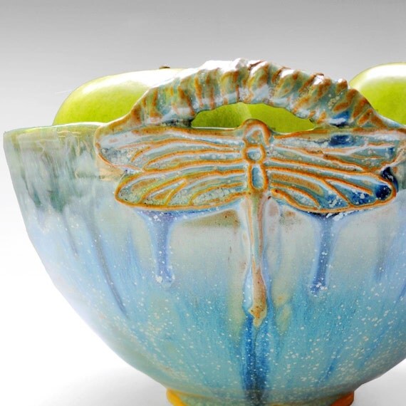 ceramic bowl Dragonfly Bowl wheel thrown  pottery Art Deco Arts and Crafts style handmade Blue and Turquoise