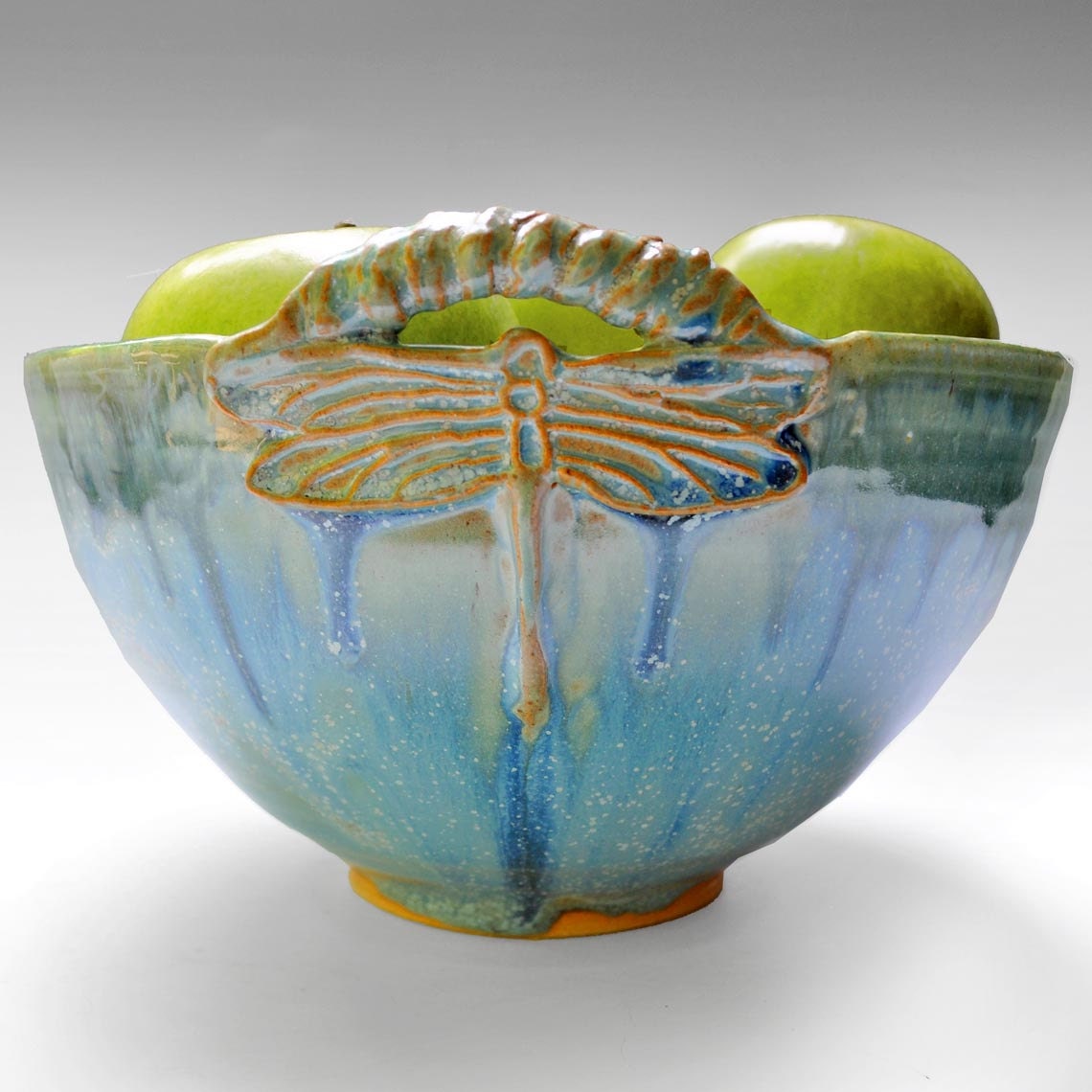 ceramic bowl Dragonfly Bowl wheel thrown  pottery Art Deco Arts and Crafts style handmade Blue and Turquoise