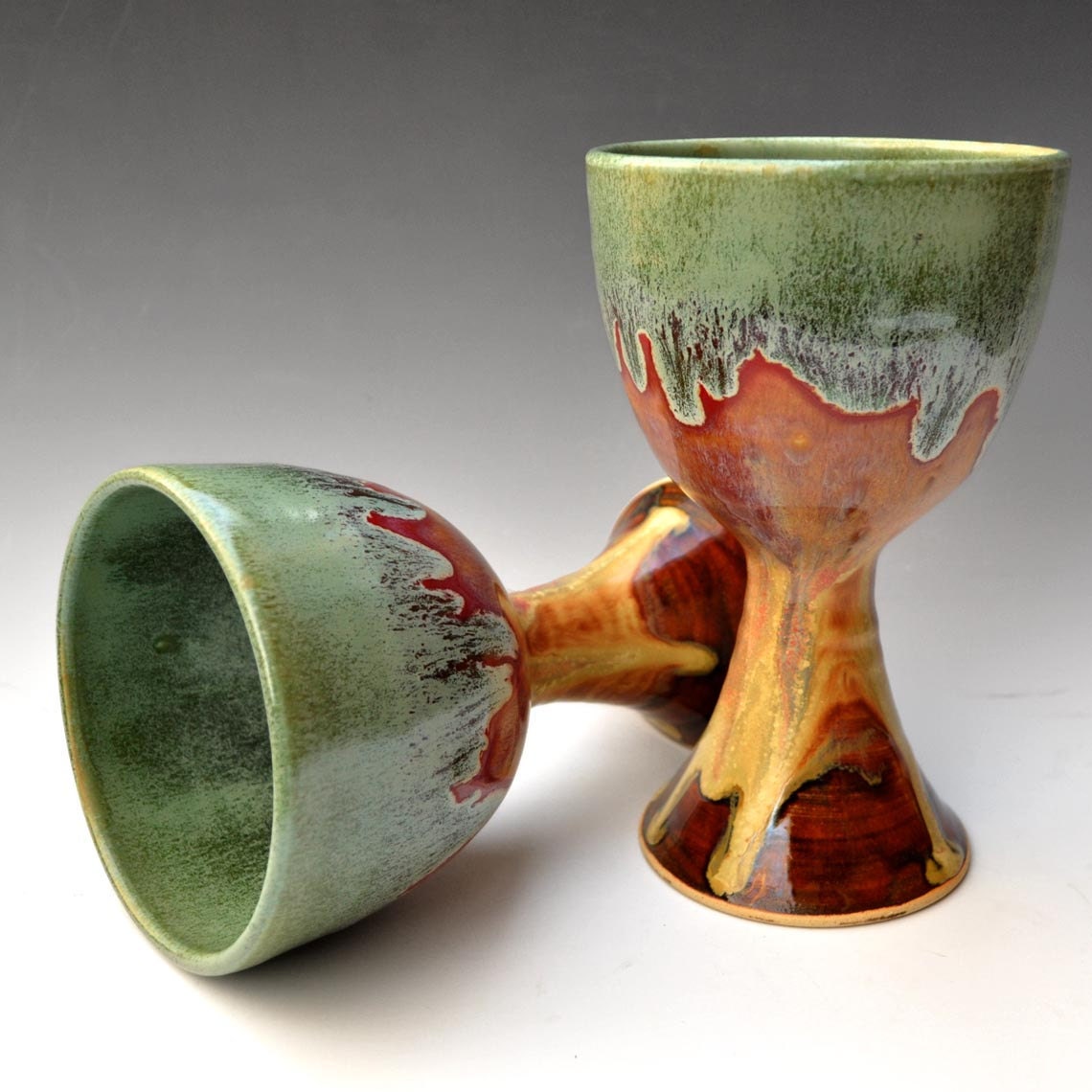2 ceramic chalice wine goblet glasses handmade stoneware pottery goblet set in Green Tea Chai harvest colors