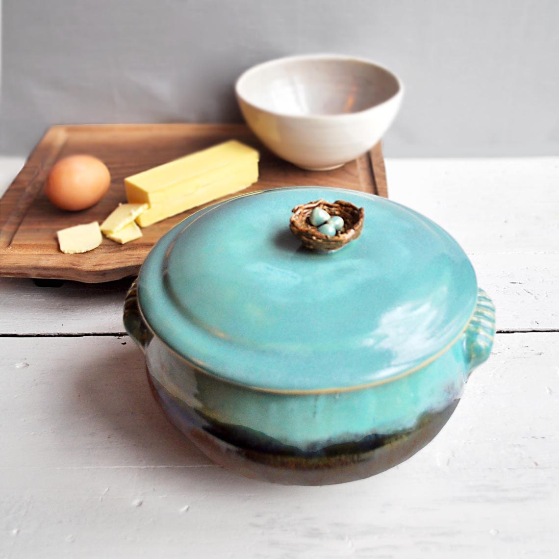 ceramic Casserole handmade lidded stoneware casserole baking dish bird nest with eggs wheel thrown