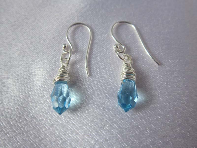 Wire Wrapped Swarovski Aquamarine Briolette Earrings, Sterling Silver, Artisan Jewelry