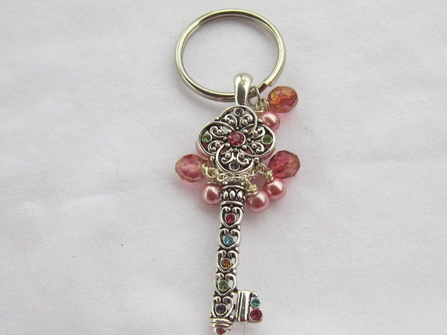 Beaded Keychain with Large Skeleton Key with Rhinestones, Pink Pearls and Czech Crystals, Accessories
