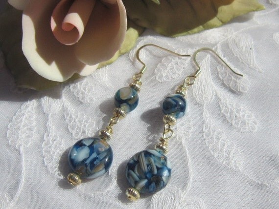 Infused Mother of Pearl Dangle Earrings, Blue and White, Artisan Jewelry