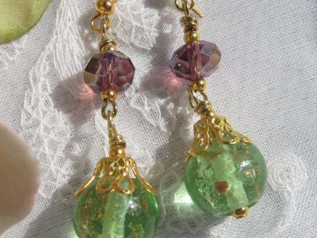 Green Lampwork Dangle Earrings, Gold Plate