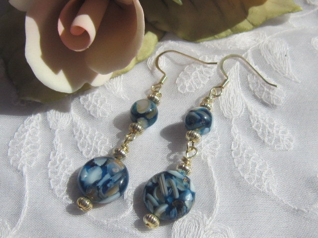 Infused Mother of Pearl Dangle Earrings, Blue and White, Artisan Jewelry