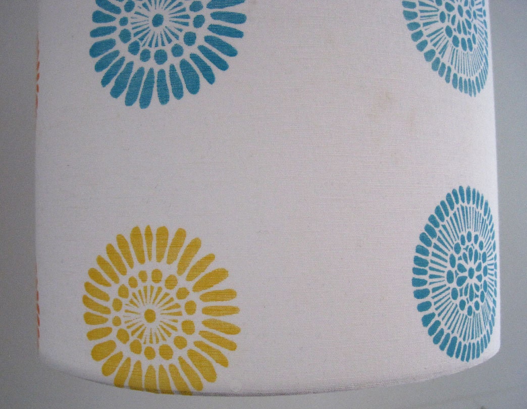 Modern Flower Hand Printed Lampshade- pendant drum hanging lamp shade- red, blue, green, yellow- made from hand printed fabric