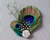 Wedding Hair Accessory Peacock Feather Bridal Veil Clip Fascinator with Rhinestone Jewel bridesmaid formal