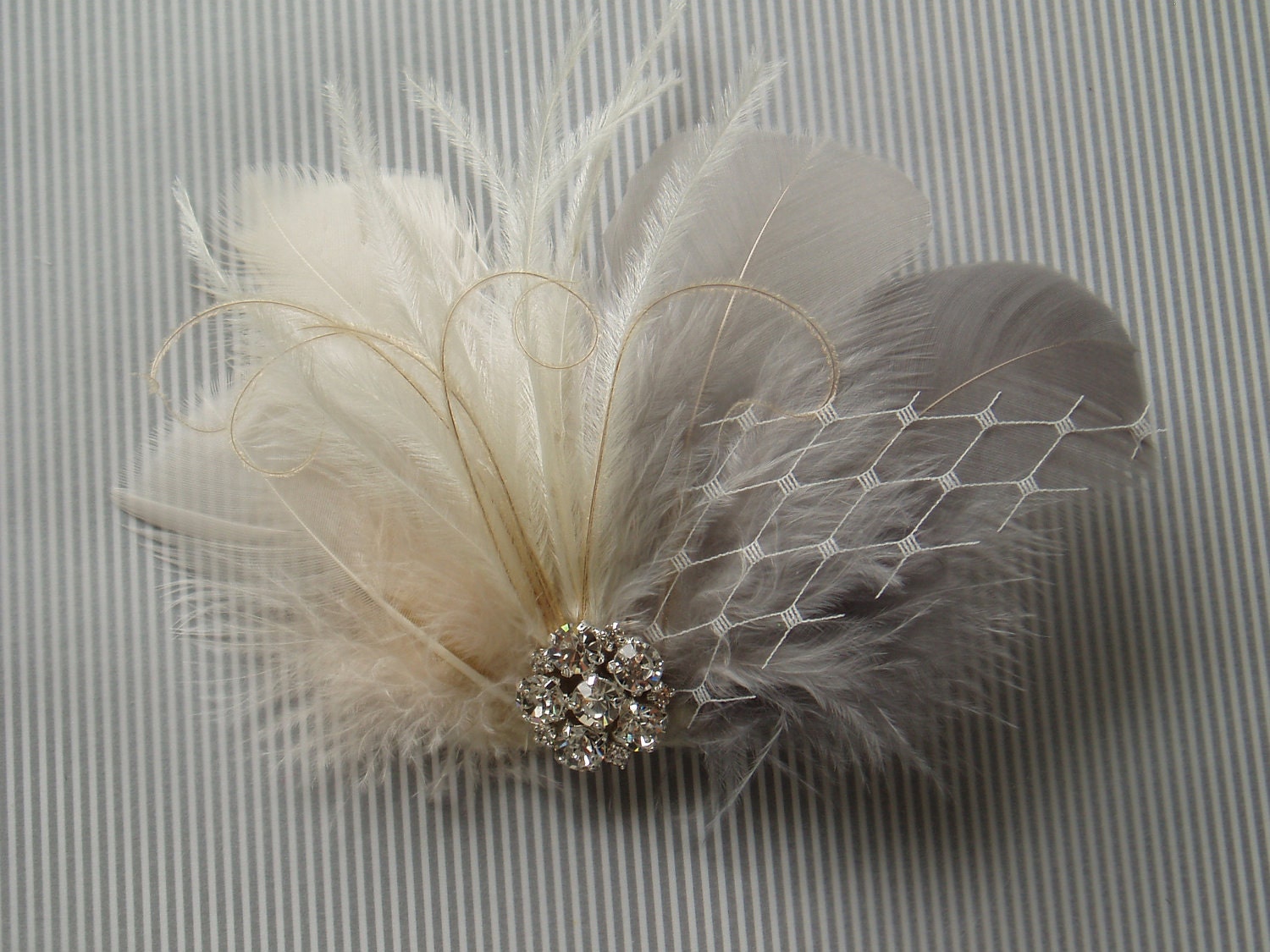 Wedding Bridal Hair Accessories Bride Feather Fascinator, Feather Hair Piece, ivory, grey, feather hair clip gray