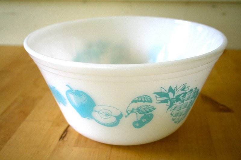 Federal Glass White Mixing Bowl with Blue Fruit -- Vintage