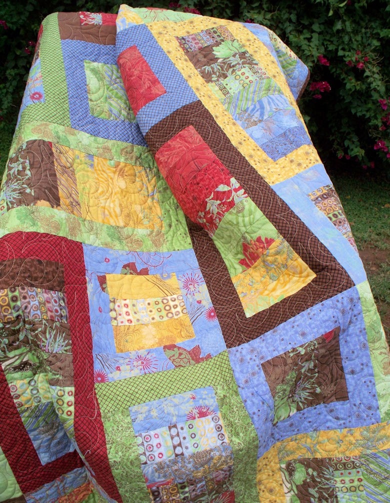 Urban Couture Lap Quilt or Sofa Throw in Gold, Green, Raspberry, Periwinkle, Brown Blanket