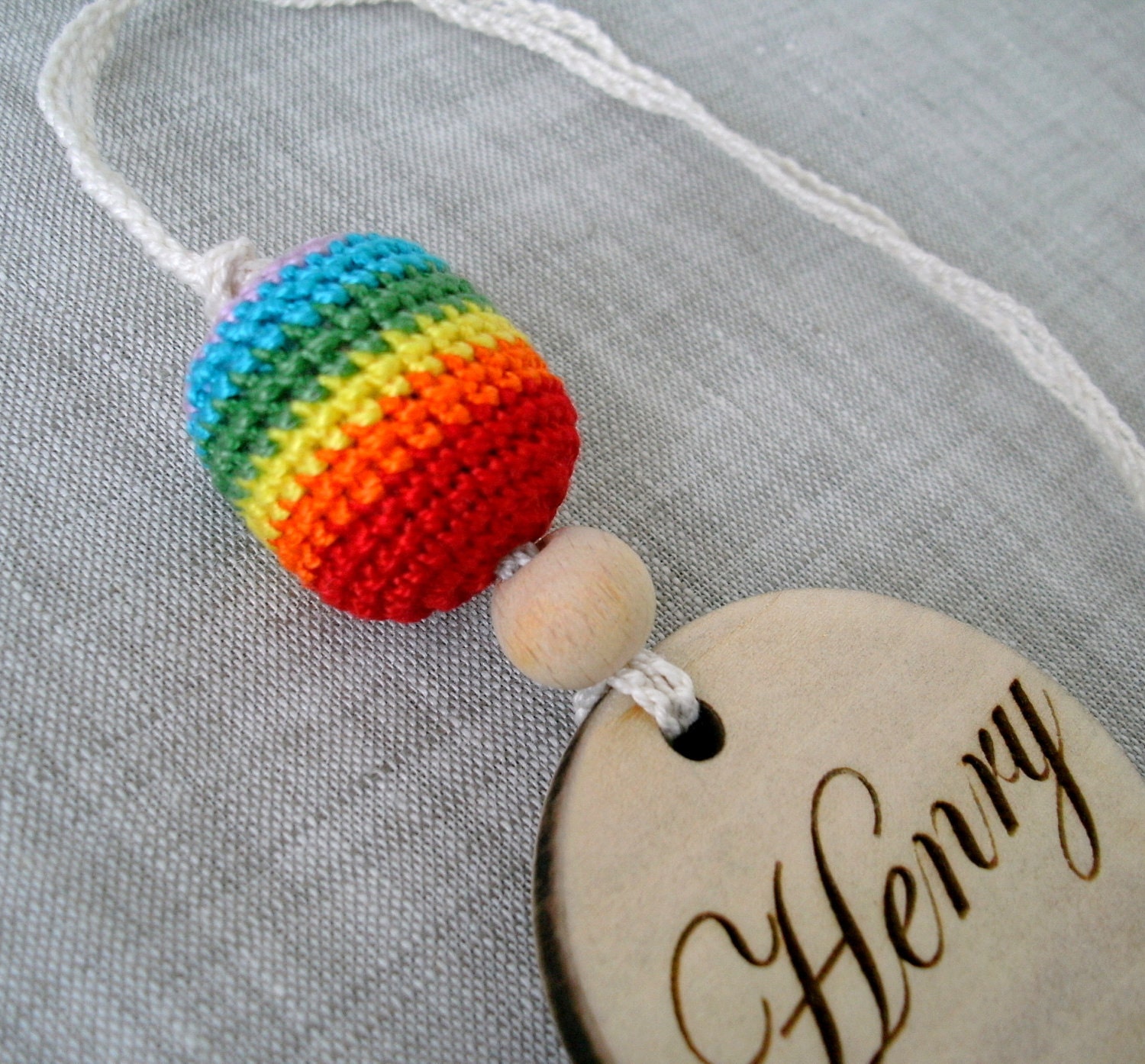 Personalized Nursing Necklace - Rainbow Teething Necklace - Baby Name Wooden Pendant - Crochet Chew Beads - Children's Baby Jewelry