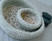 Crochet Bowl - Nesting Bowls Set of 2 - Linen and Doily Crochet Small Baskets - Textile Bowls in Pale Green and Ivory