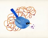 Blue bird cute illustration children decor - The bir print 8 x 11.5  print of an original illustration