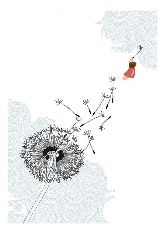 Freedom dandelion whimsical blue white illustration - Freedom Print 8 x 11.5