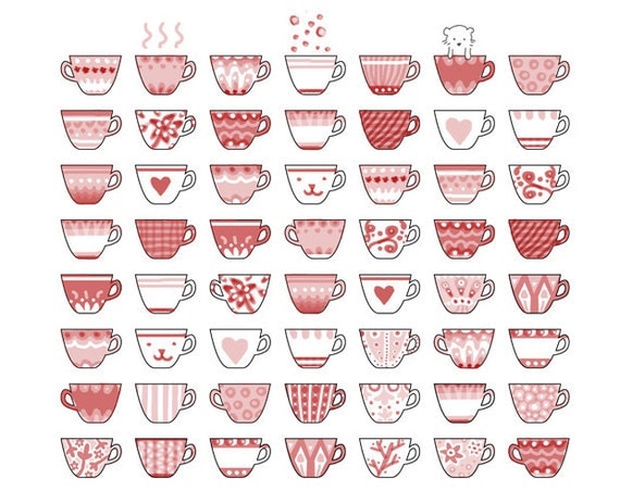 100 Cups of tea and a cupcake Print 8 x 11.5 - Romantic original collection of decorate cups.