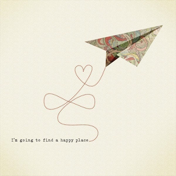 I am going to find a happy place Print 8 x 11.5 - Home Decor digital illustration airplane origami heart fly freedom cream natural