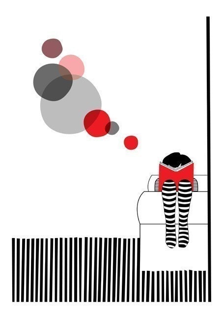 Read book girl red stripes circles - Sunday Print 8 x 11.5