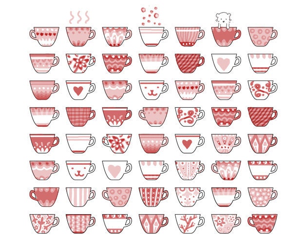 100 Cups of tea and a cupcake Print 8 x 11.5 - Romantic original collection of decorate cups.