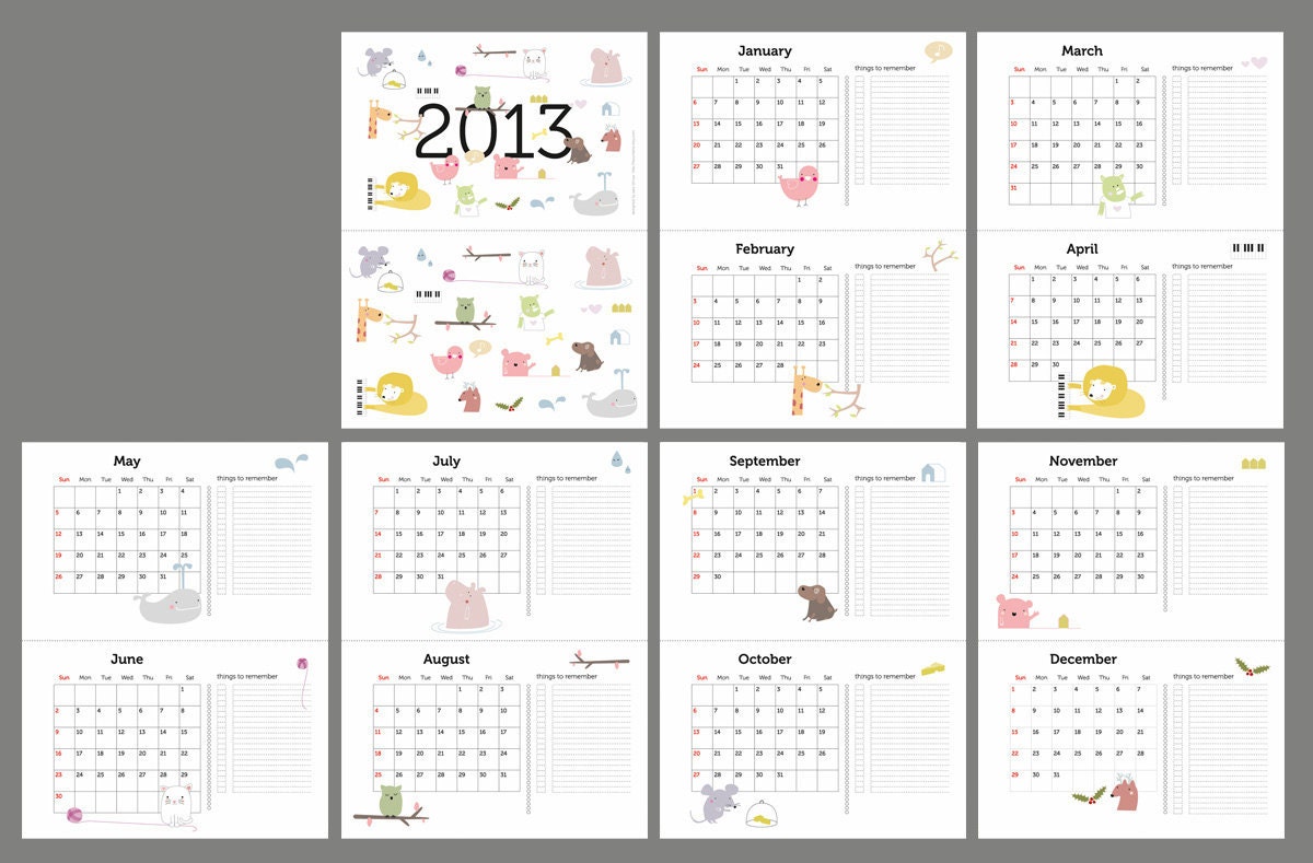 PDF printable Calendar 2013 - cute animal illustrations