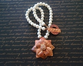 Necklace Pearl and Copper Flower Pendant with Copper toggle clasp