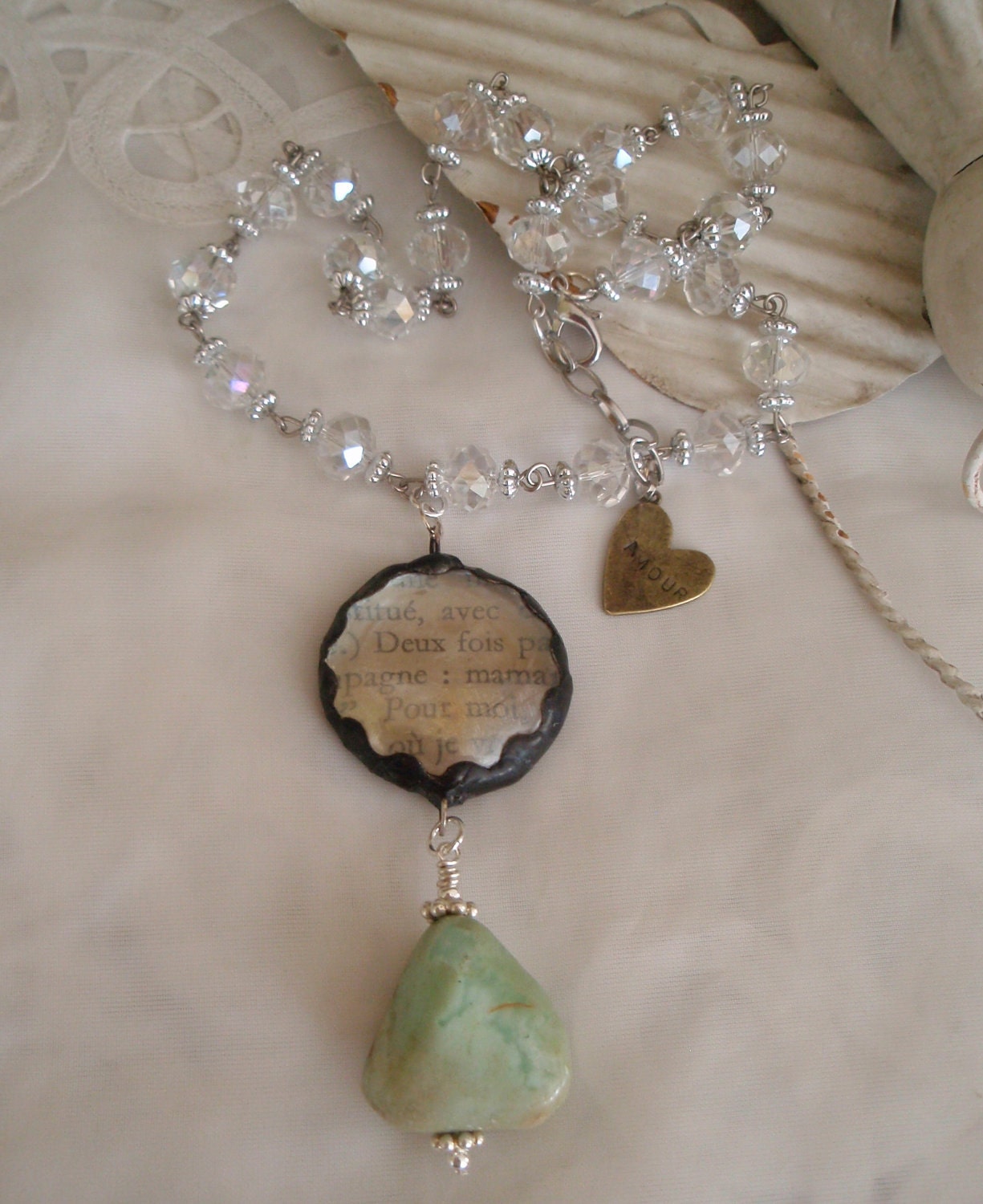 Necklace Round Soldered Art Charm from a French Book with Crystal rosary chain and 'Amour' charm