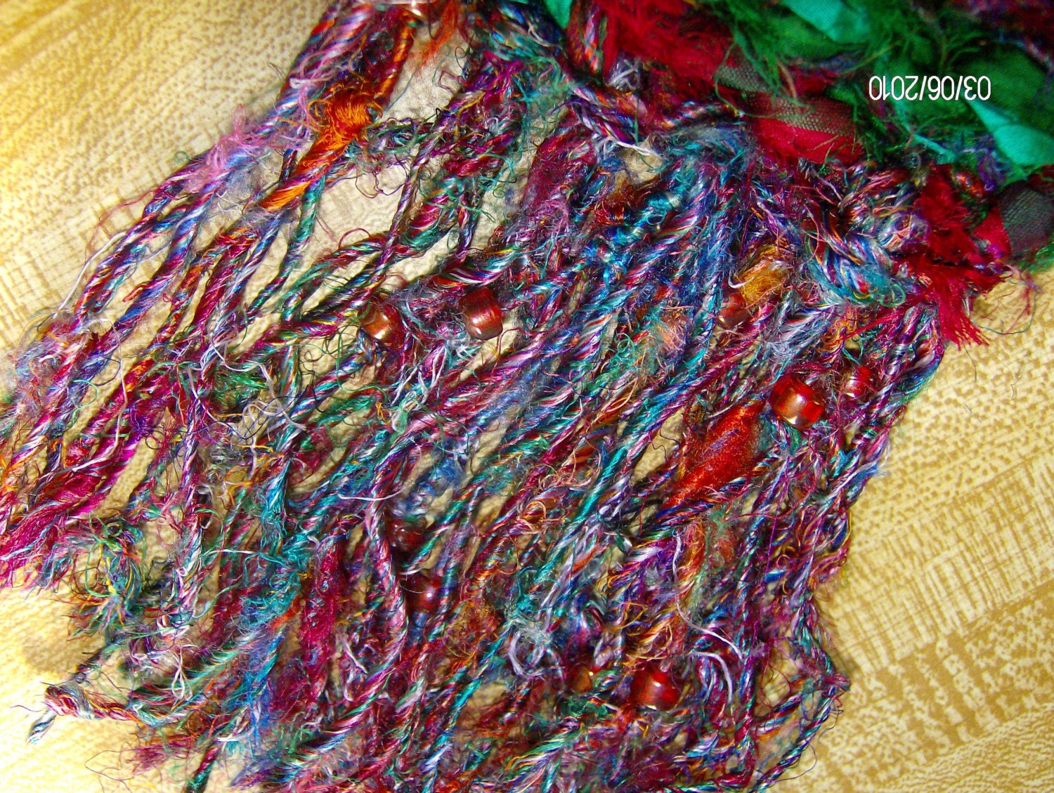 MULTI-COLORED HANDKNIT SARI SILK SCARF - FRINGED AND BEADED