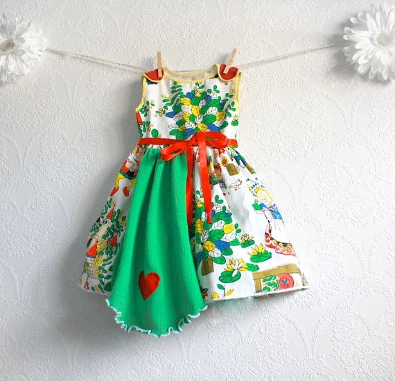Fairy Tale Toddler Dress 2T Vintage Fabric Red Green White Girl's Jumper Dress Children's Upcycled Clothing 'GRETEL'