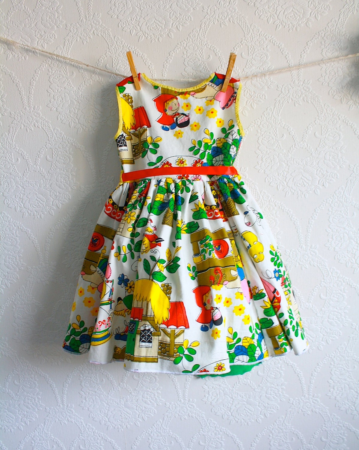 Fairy Tale Toddler Dress 2T Vintage Fabric Red Green White Girl's Jumper Dress Children's Upcycled Clothing 'GRETEL'