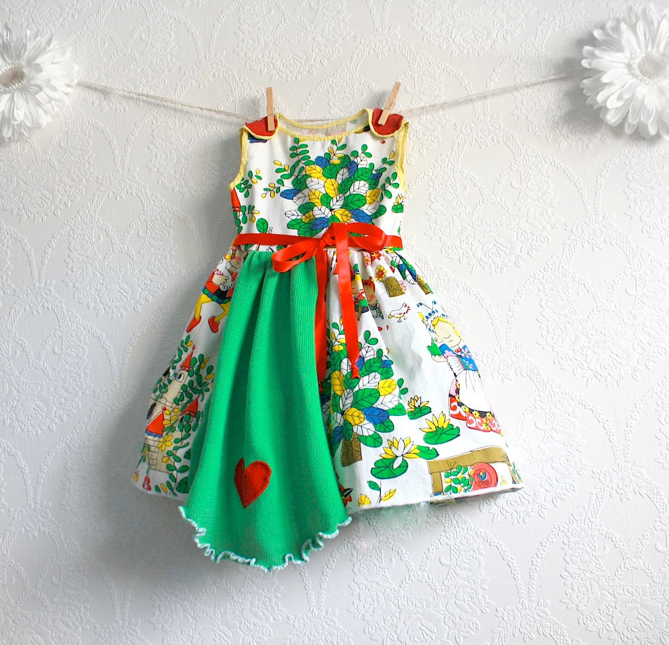Fairy Tale Toddler Dress 2T Vintage Fabric Red Green White Girl's Jumper Dress Children's Upcycled Clothing 'GRETEL'