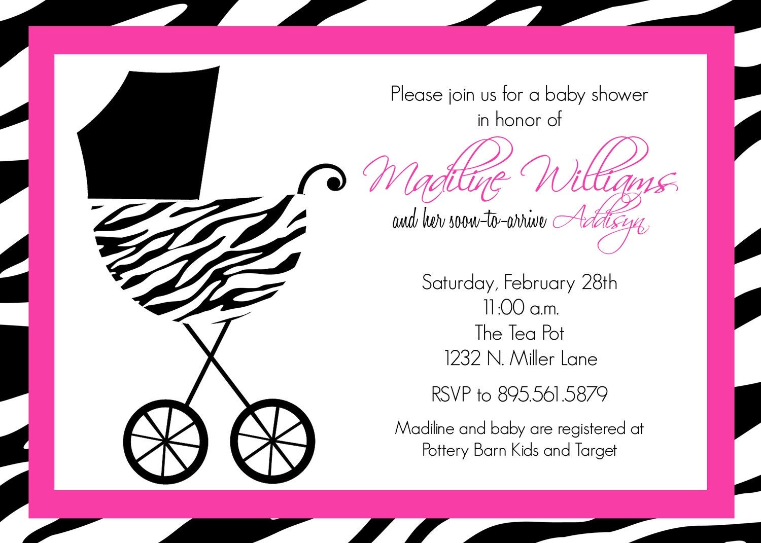 Madiline- Custom Zebra Baby Shower Invitation - PRINTABLE INVITATION DESIGN