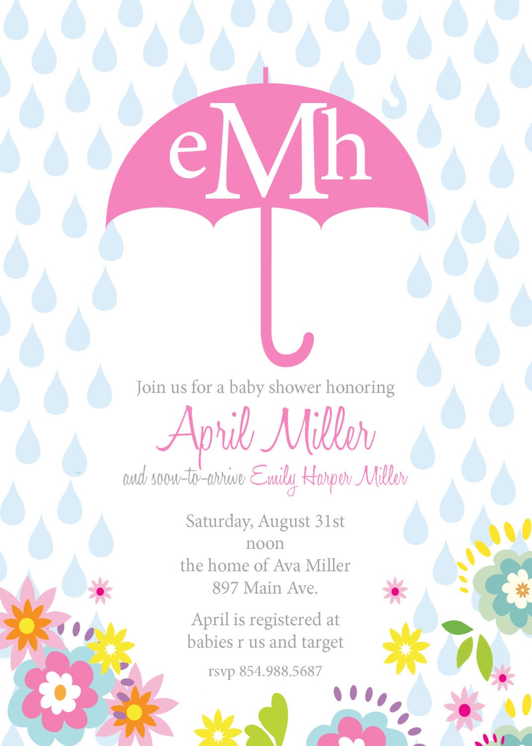 April- Custom Baby Shower Invitation in pink with Umbrella - PRINTABLE INVITATION DESIGN