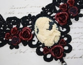 Gothic choker - cameo choker - victorian choker with cameo lady with roses on black soft lace applique