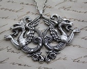 Dragon necklace - gothic victorian sterling silverplated double dragon pendant necklace