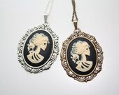 Gothic necklace -  Skeleton Cameo Lady Skull Morbid Anatimocal Creepy Goth - SILVER or BRASS