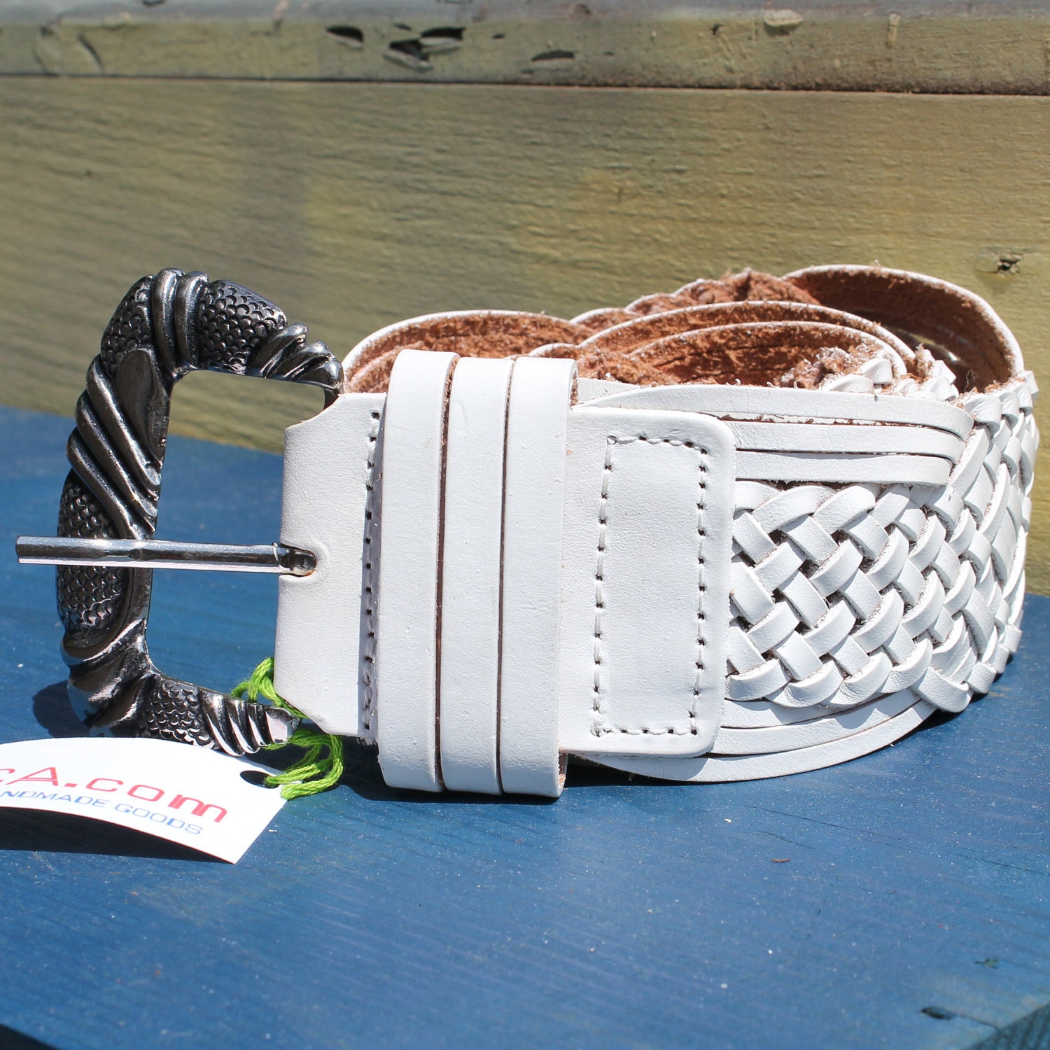 White Leather Mexican Belt / Wide / Vintage