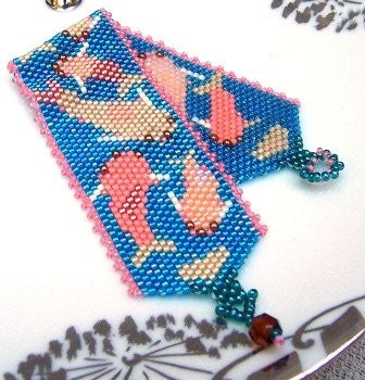 Koi Fish Bracelet Hand Beaded Peyote Stitch Light Blue Fish Pond