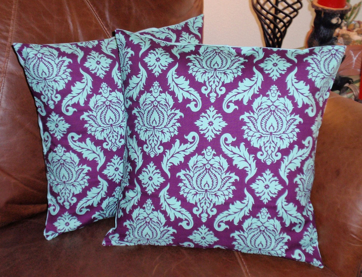 Throw Pillow Covers - 16x16" Set of 2 sewn with Joel Dewberry's Damask Plum - Avairy Collection - Elegant Damask Pillow Cover in Plum & Teal