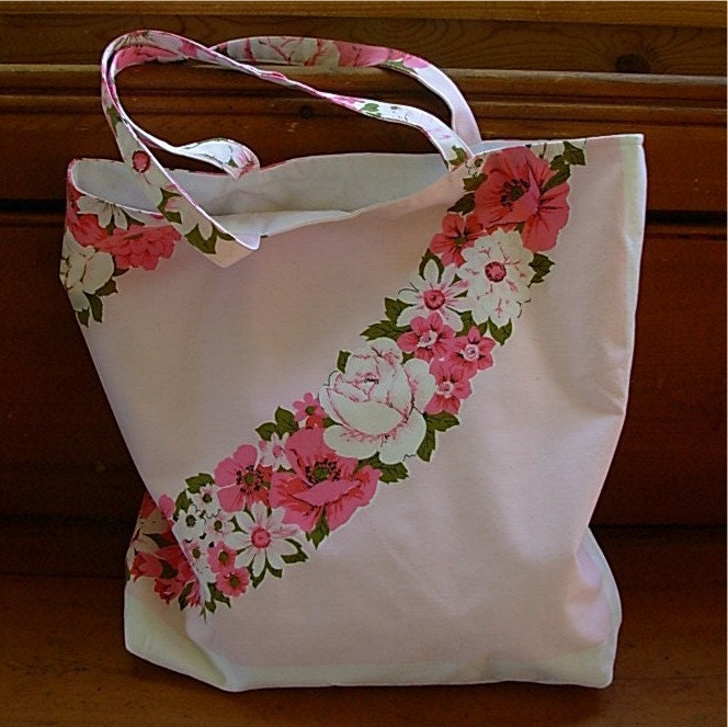 Vintage Table Cloth Tote Bag Light Pink and Olive Green Flowers