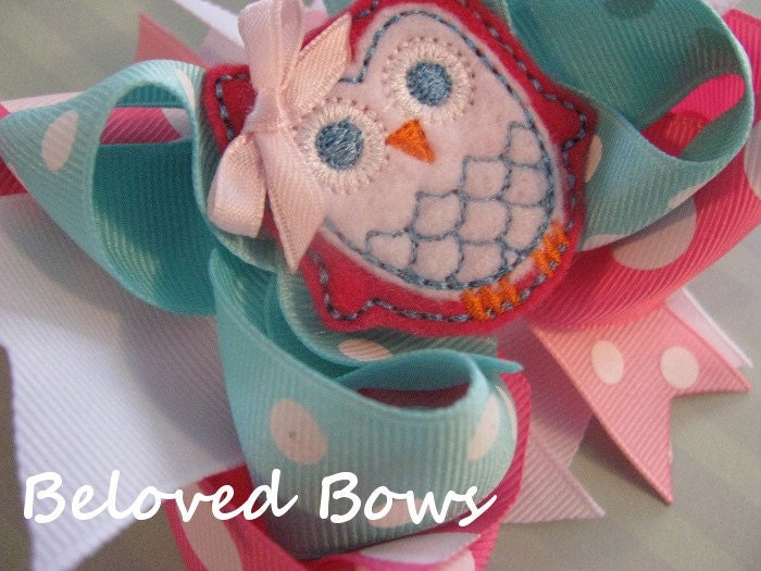 Embroidered Felt Owl Boutique Style Layered Hair Bow Pink Auqua White