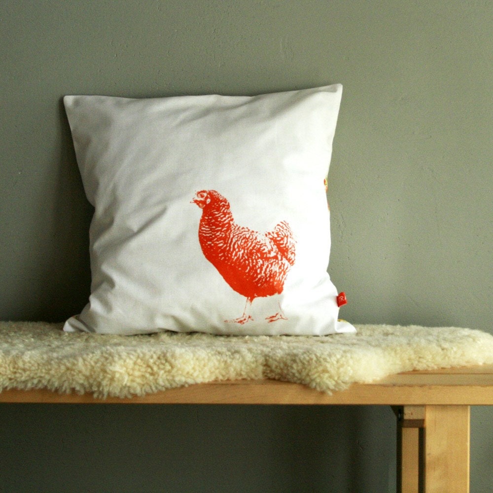 Handprinted orange hen pillow cover recycled