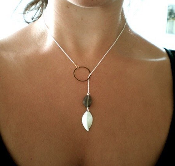 Silver Leaf, Smoky Quartz Lariat Necklace