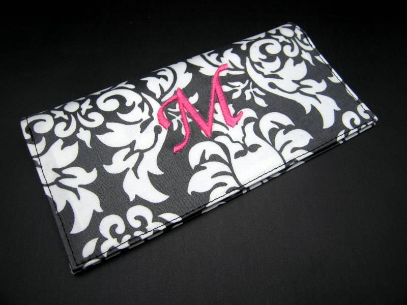 Checkbook Cover - Monogrammed Wipeable Laminated Cotton - Black Damask with Pink