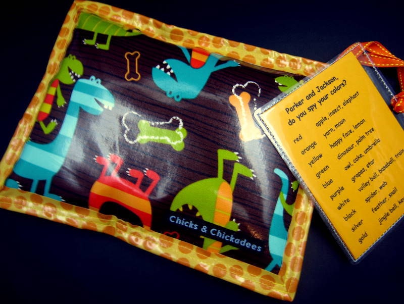 I Spy Bag - Wipeable, Personalized, ABCs and Colors - - Yellow and Orange Dinosaurs
